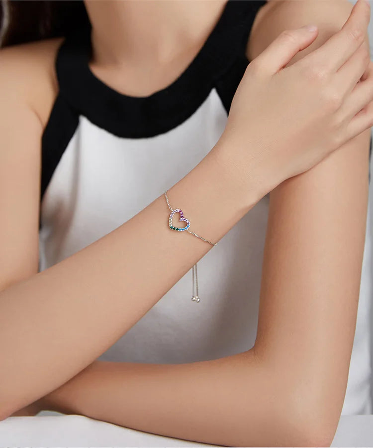 925 Sterling Silver Colorful Heart Pattern Adjustable Bracelet Love Zircon Chain for Women Fine Jewelry SCB216