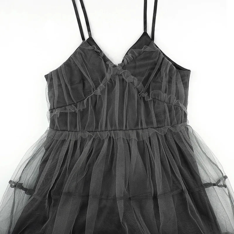 Dark Gothic Elegant Dress Women Emo Alt Vintage Mesh Patchwork Lace Up High Waist Dress Y2k Harajuku Mall Goth Partywear