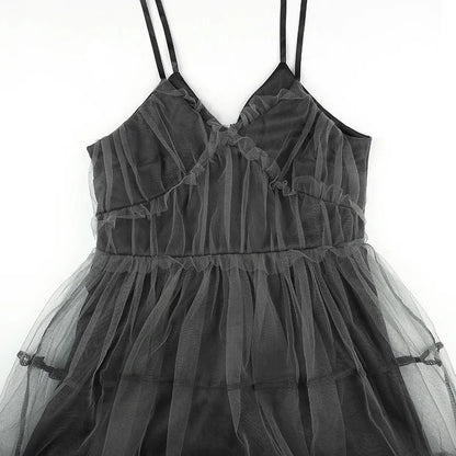 Dark Gothic Elegant Dress Women Emo Alt Vintage Mesh Patchwork Lace Up High Waist Dress Y2k Harajuku Mall Goth Partywear