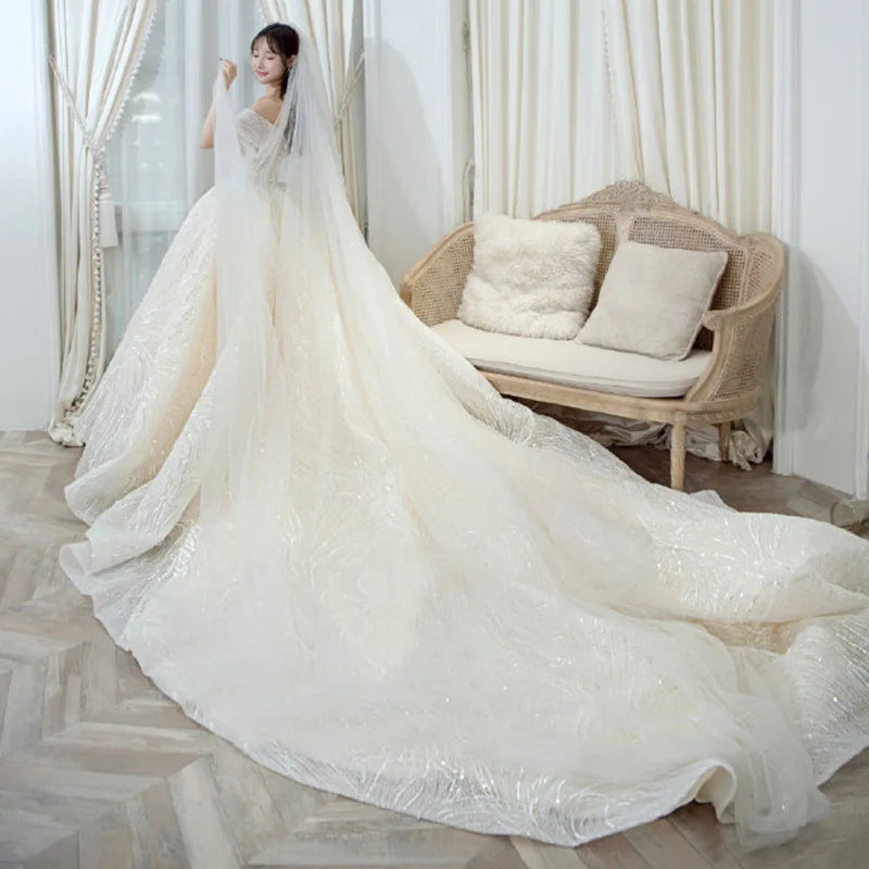 Wedding Dress Shiny Wedding Dress Classic Boat Neck Bridal Party Gown Vestido De Noiva Robe De Mariee Customized