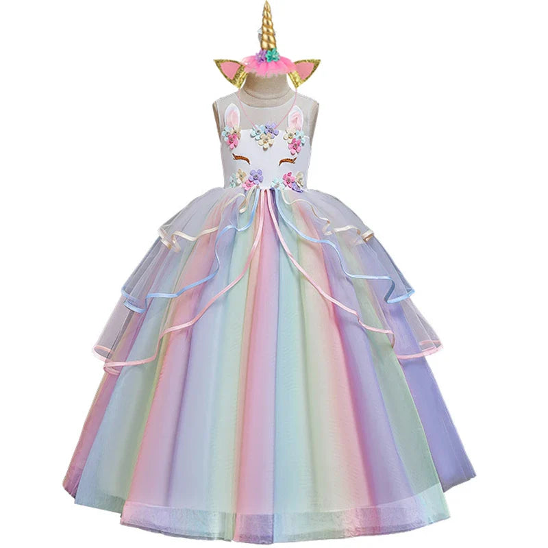 Vestido Longo de Festa de Casamento Unicórnio Arco-Íris para Menina Vestido de Performance de Dança de Personagem de Unicórnio para Festa de Aniversário de Menina Conjunto de Três Peças