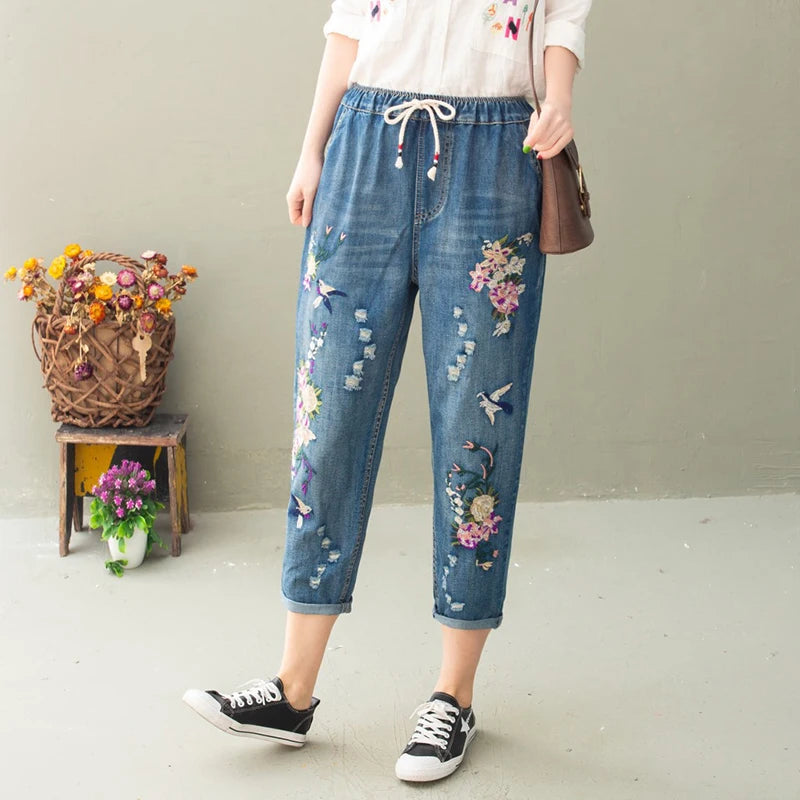 Summer Women Vintage Floral Loose Denim Pants Chinese Style Casual Ripped Blue Jeans Holes Elastic Harem Trousers