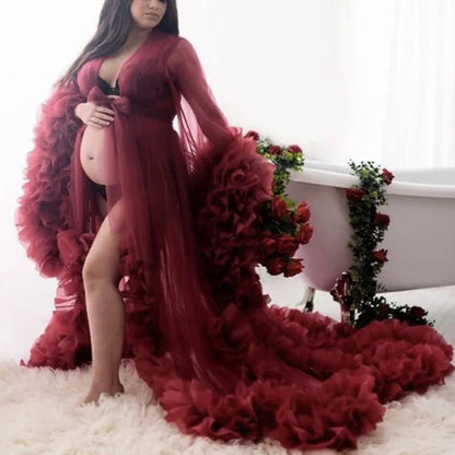 Unique Prom Dresses Custom Made Tulle Maternity Robes Women Photoshoot Evening Gowns Fluffy Tiered Tulle Robe Formal Party Dress
