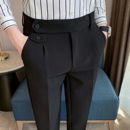 New Men's High Waist Formal Business Small Canvas Straight Zipper Fly Dress Pants Casual Slim Office Pants