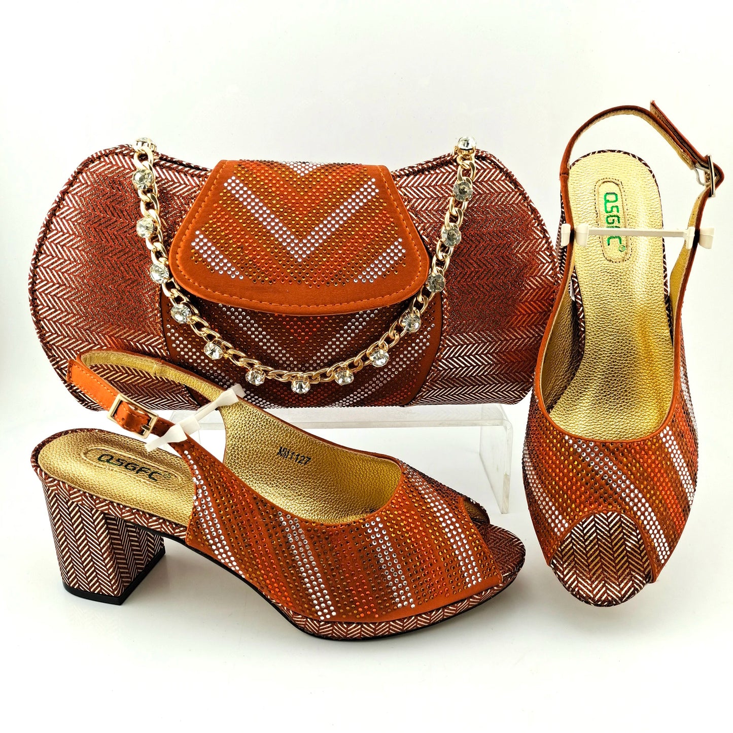 Newest Orange Color Good Quality Shining Printing Material Ladies Shoes and Bag Set African Concise Style For Wedding Party