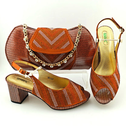 Newest Orange Color Good Quality Shining Printing Material Ladies Shoes and Bag Set African Concise Style For Wedding Party