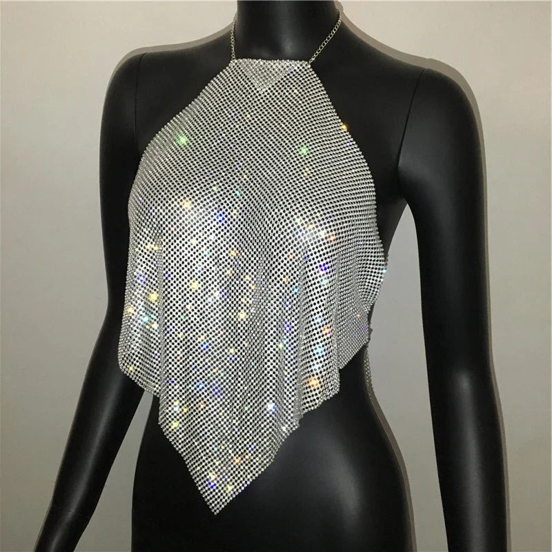 Fashion Summer Backless Tank Top Women Shiny Rhinestone Metal Sequins Halter Neck Camisole Rave Festival Party Crop Tops