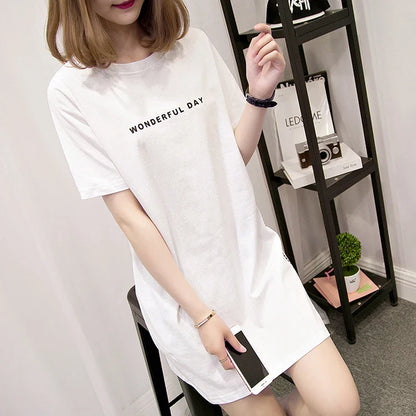 WONDERFUL DAY Print Long T shirts Summer Women Loose Slit Femme Tops  Tshirt Short sleeve Ladies t-shirt
