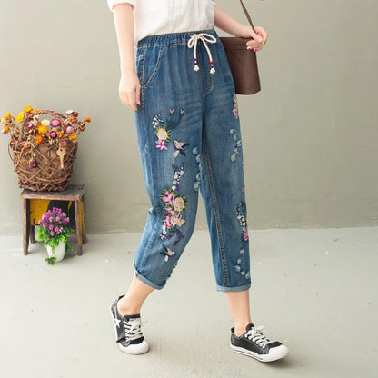 Summer Women Vintage Floral Loose Denim Pants Chinese Style Casual Ripped Blue Jeans Holes Elastic Harem Trousers