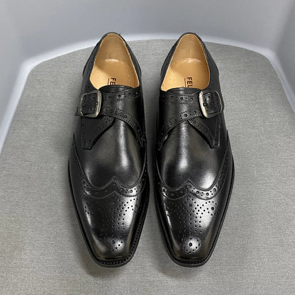 Men's Luxury Genuine Leather Wingtip Oxfords Italian Monk Strap Buckle Brogue Dress Shoes for Business Wedding Formal Wear