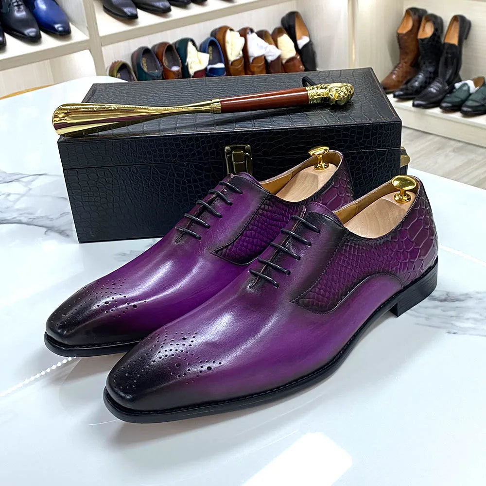 Luxury Men's Genuine Leather Oxford Shoes Snake Skin Print Black/Purple Lace-Up Square Toe Formal Dress Shoes