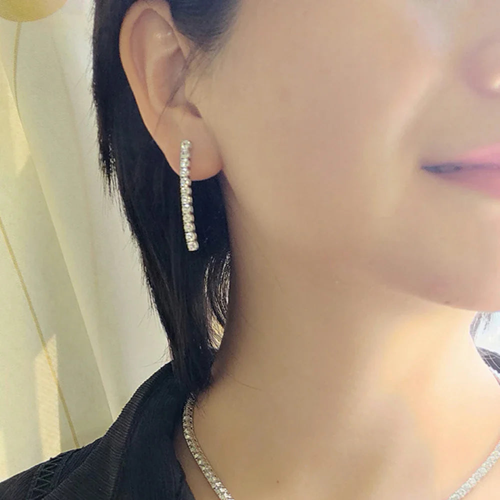 Real Sterling Silver 3mm Round Cubic Zirconia 38mm Height Dangle Design Solid 925 Metal Jewelry Tennis Earrings