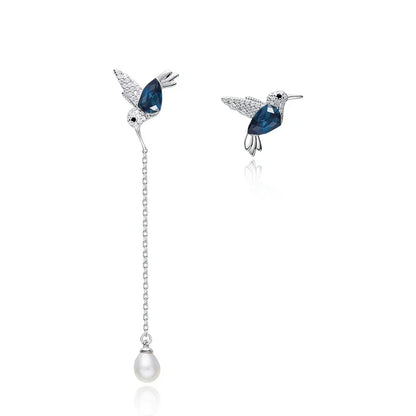 S925 Sterling Silver Hummingbird Freshwater Pearl Earrings Green Austrian Crystals Cute Animal Jewelry Gifts for Women Girls