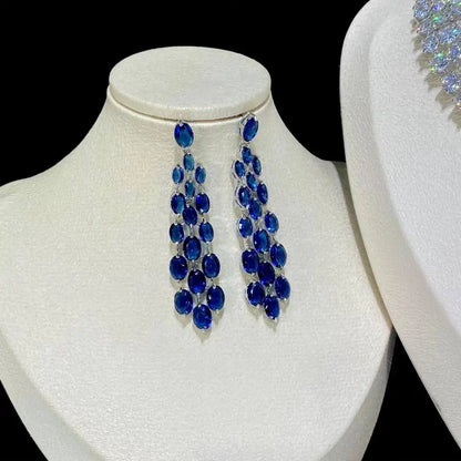 Luxury Blue 2 Piece Tassel Necklace Cubic Zircon Jewelry Set Women Wedding European Party Jewelry Set X0140