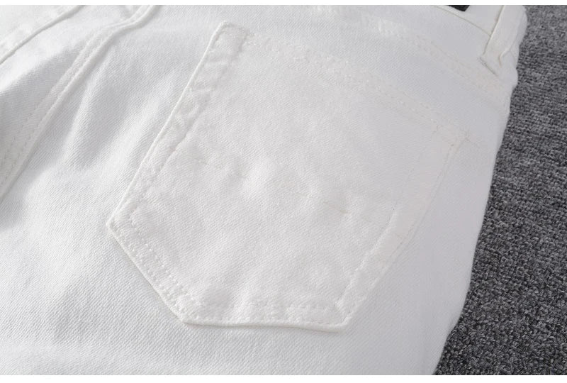 Men's White Crystal Holes Ripped Jeans Fashion Slim Skinny Rhinestone Stretch Denim Pants