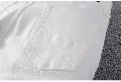 Men's White Crystal Holes Ripped Jeans Fashion Slim Skinny Rhinestone Stretch Denim Pants