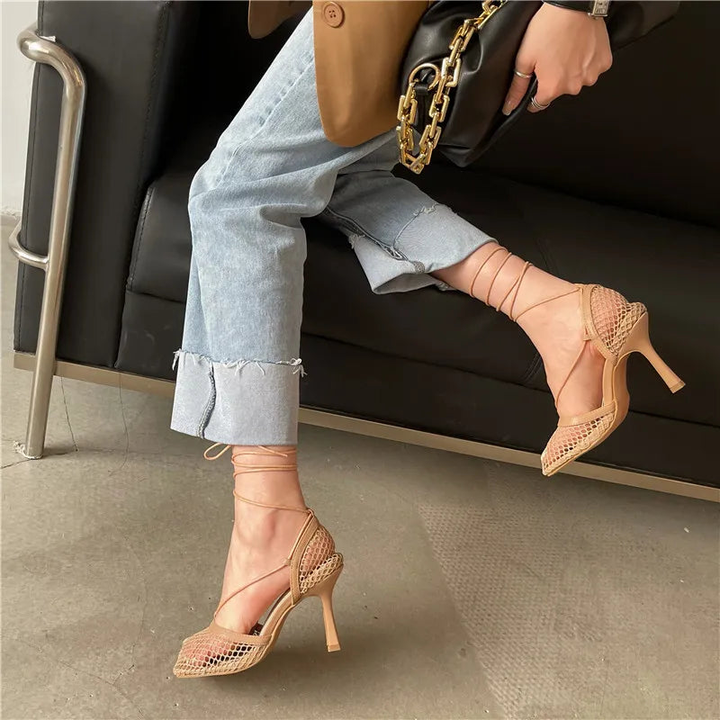 Fashion Hollow Breathable Mesh Square Toe Stiletto High Heels Women Pumps Ankle Lace-Up Elegant Dress Ladies Shoes