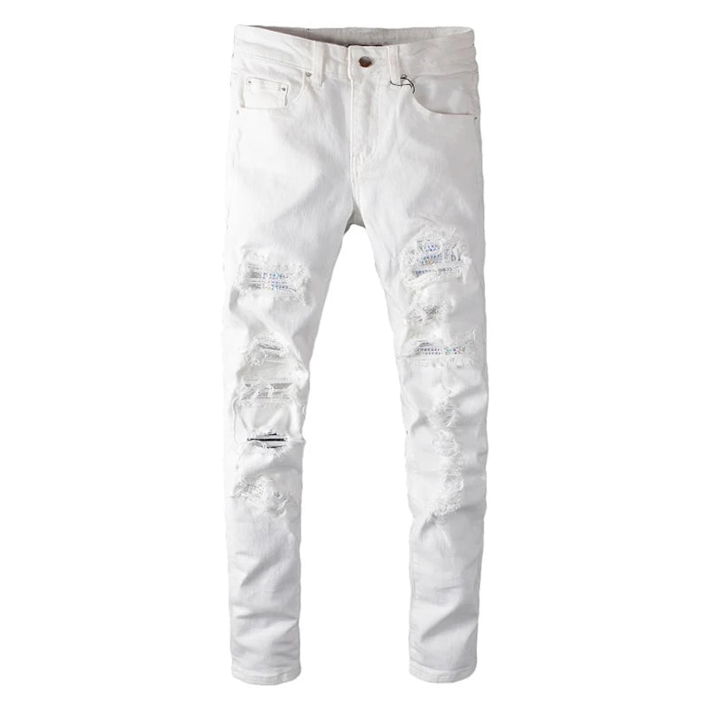 Men's White Crystal Holes Ripped Jeans Fashion Slim Skinny Rhinestone Stretch Denim Pants