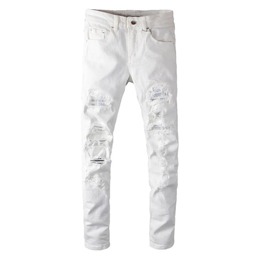 Men's White Crystal Holes Ripped Jeans Fashion Slim Skinny Rhinestone Stretch Denim Pants