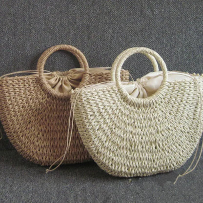 Summer Handmade Bags for Women Beach Weaving Ladies Straw Bag Wrapped Beach Bag Moon shaped Top Handle Handbags Totes