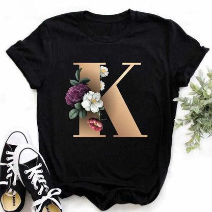 A B C D E English Alphabet Print T Shirt Women New Summer Couples Lovers Female T-Shirt Harajuku Casual Black Tops Tshirts