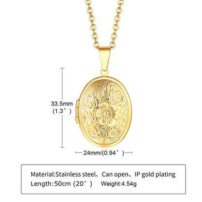 Delicate Floral Oval Heart Locket Pendant Necklaces for Women,Stainless Steel Photo Frame Promise Love Keepsake Gift