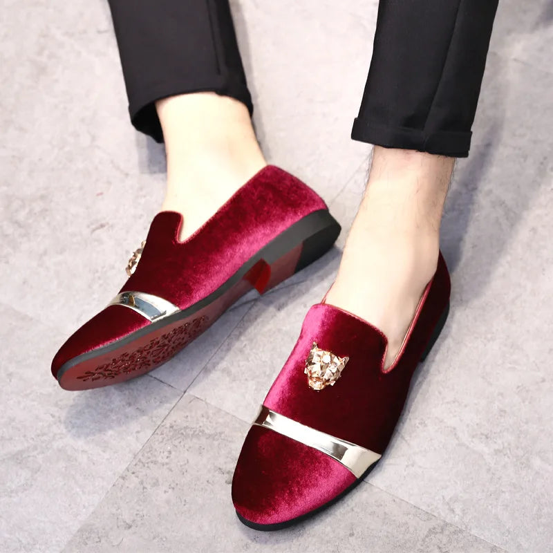 Men dress shoes Wedding Party shoes Loafers Fashion Tiger Gold metal Men Flats