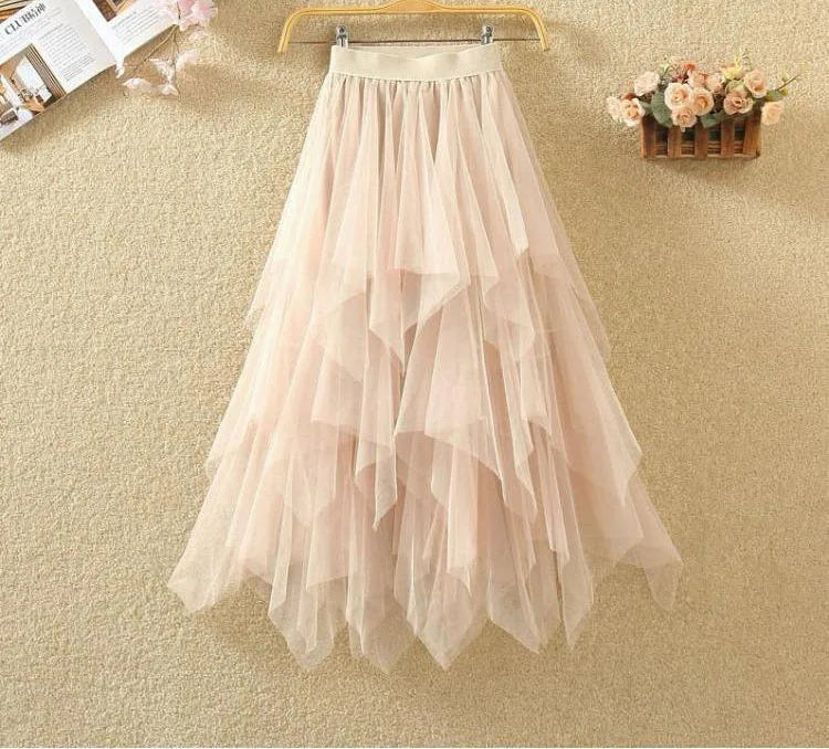 Women Sweet  Midi Spring And Summer High Waist Solid Asymmetrical Elegant Chic White Mesh Tulle Skirts Faldas