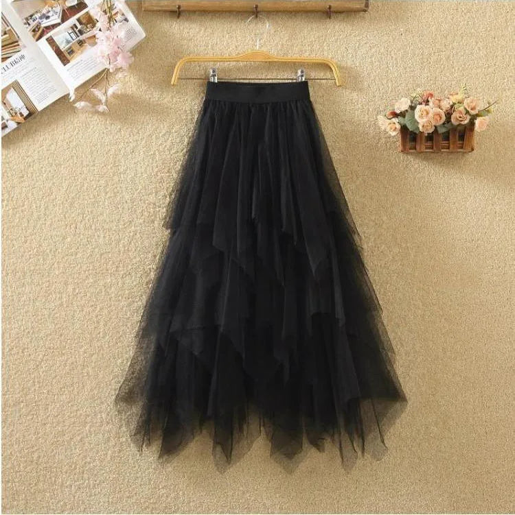 Women Sweet  Midi Spring And Summer High Waist Solid Asymmetrical Elegant Chic White Mesh Tulle Skirts Faldas