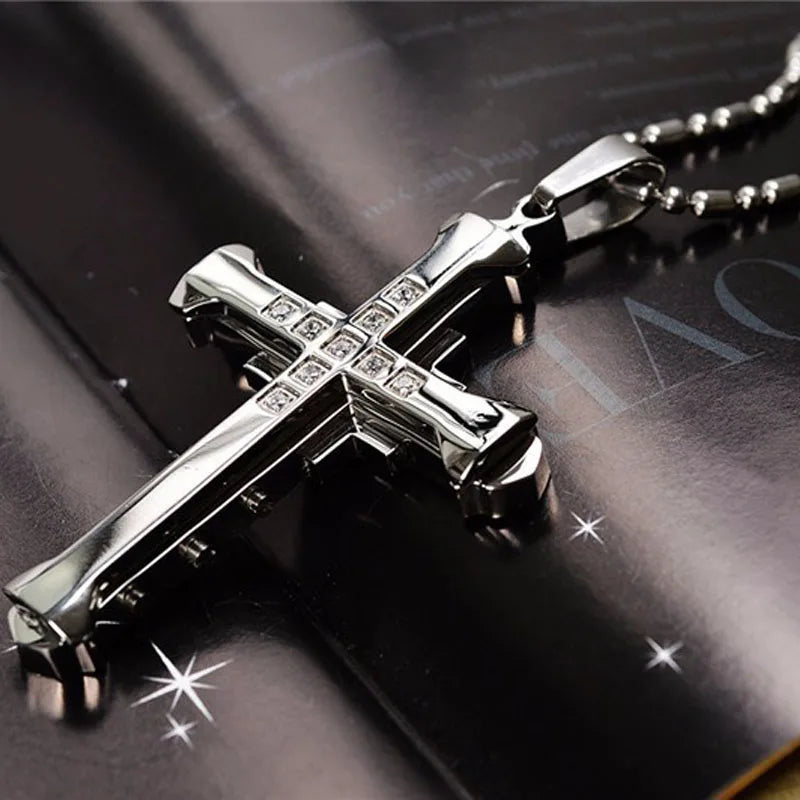 Male Crystal Cross Jesus Pendant Gold/Black/Blue Color Zirconia Necklace Stainless Steel Jewelry