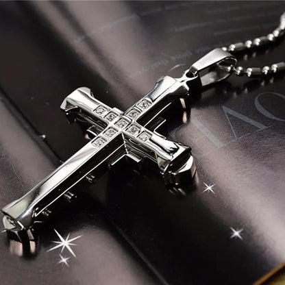 Male Crystal Cross Jesus Pendant Gold/Black/Blue Color Zirconia Necklace Stainless Steel Jewelry