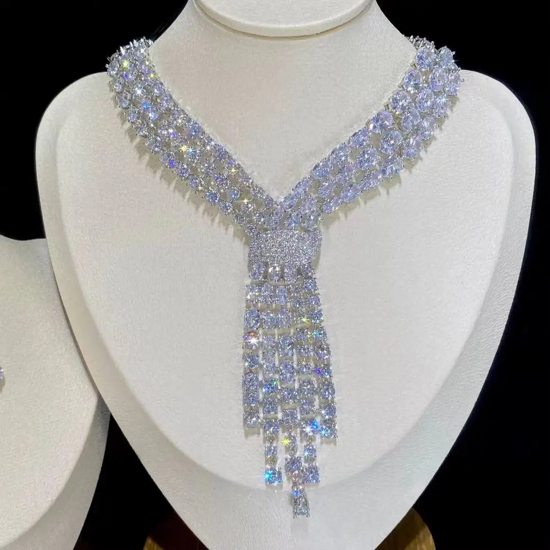 Luxury Blue 2 Piece Tassel Necklace Cubic Zircon Jewelry Set Women Wedding European Party Jewelry Set X0140