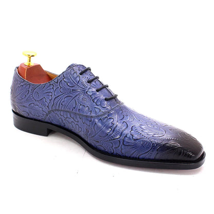 2022 Classic Men Oxford Dress Shoes Real Leather Flower Print Cap Toe Lace Up Buckle Blue Wedding Party Formal Footwear for Men