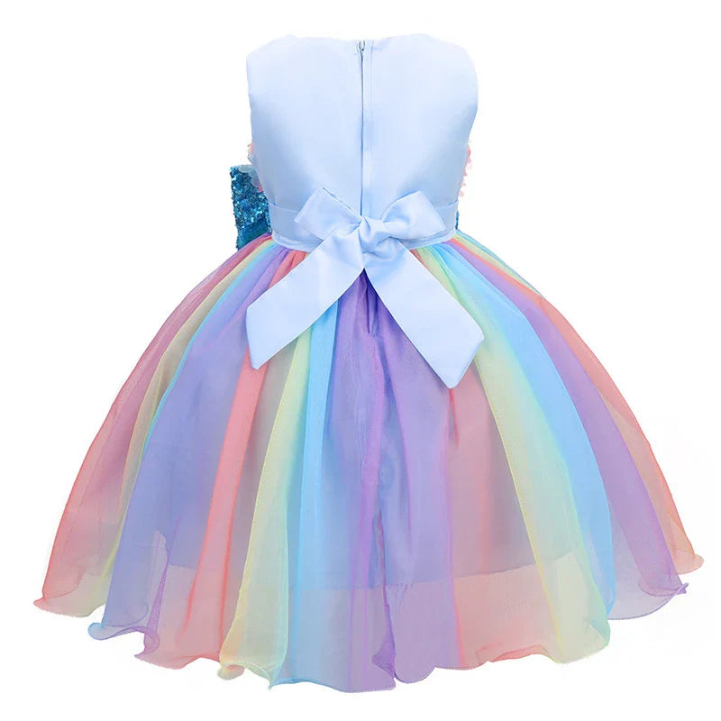 High Quality Summer Girls Dress Rainbow Mesh Bow Birthday Party Dance Costume Little Princess Dress Kids Clothes 1-10 Years Old