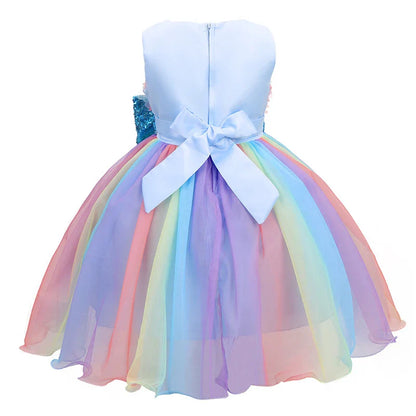 High Quality Summer Girls Dress Rainbow Mesh Bow Birthday Party Dance Costume Little Princess Dress Kids Clothes 1-10 Years Old