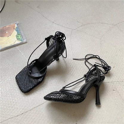 2026 Stiletto Heels Mesh Fashion Sandals Square Toe Cross-Tied Shallow Concise Party Rome Solid Summer Shoes for Women