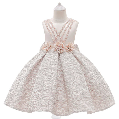 Vestido de festa infantil dourado de verão com laço para meninas Fantasia infantil elegante Flor Casamento Aniversário Vestidos de princesa Roupa de noite para meninas