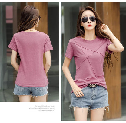 Summer Slim Cotton Bamboo T-Shirts Women 2026 O-Neck Short Sleeve Ribbed Tshirts Female Casual Solid Color Tops