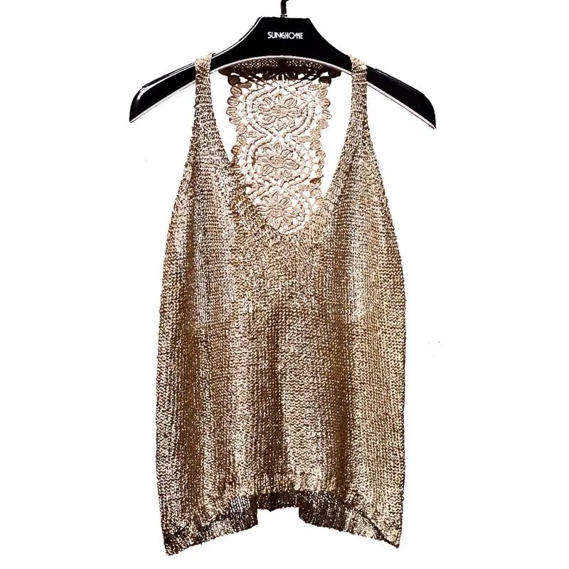 Yan Li  Sexy Shoulders and Heart Leakage Hang Sequined Jacket Neck Lace Knitting Wear Outside Hang Back  Sleeveless Top Women