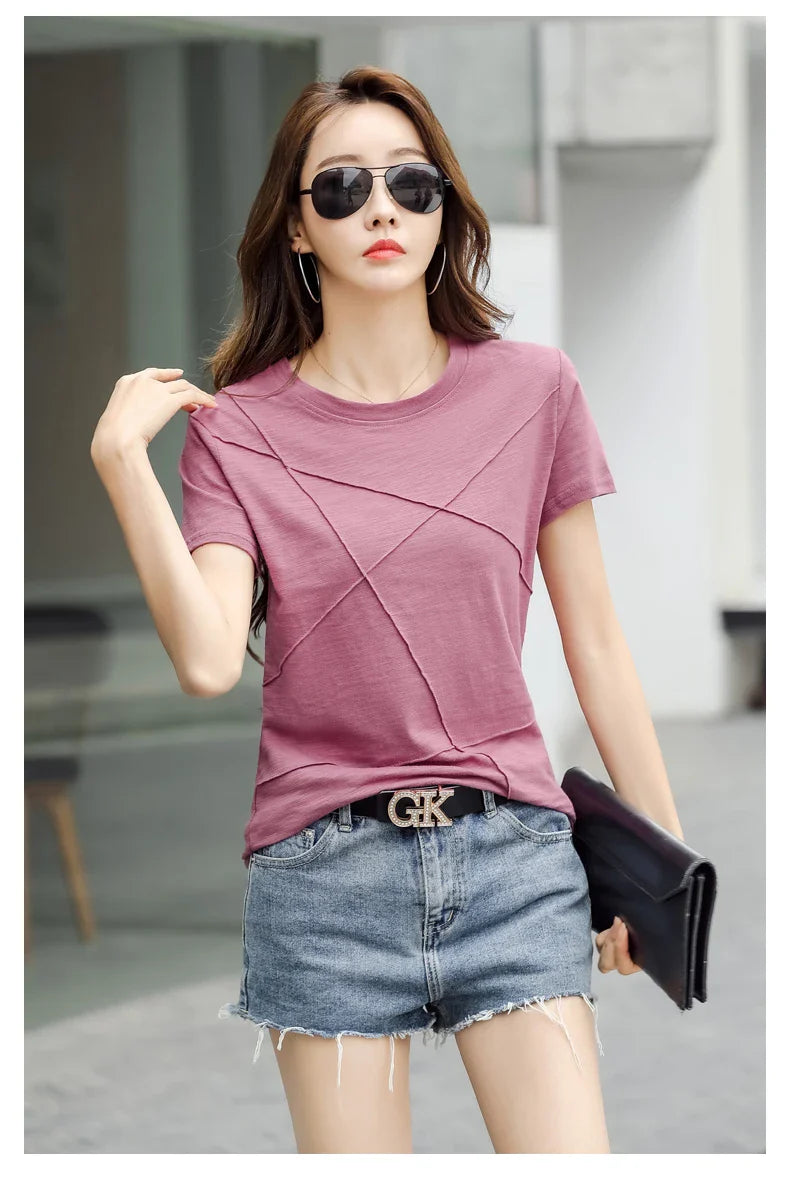 Summer Slim Cotton Bamboo T-Shirts Women 2026 O-Neck Short Sleeve Ribbed Tshirts Female Casual Solid Color Tops