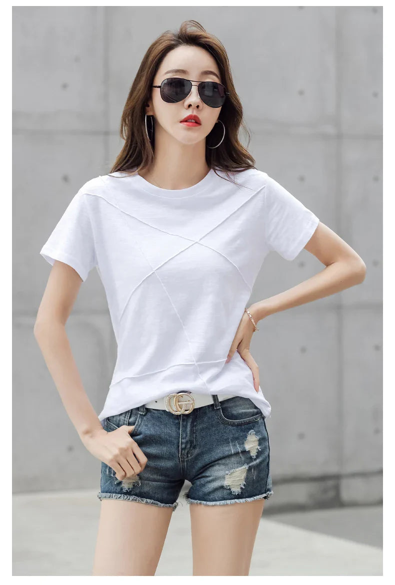Summer Slim Cotton Bamboo T-Shirts Women 2026 O-Neck Short Sleeve Ribbed Tshirts Female Casual Solid Color Tops
