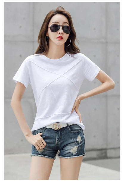 Summer Slim Cotton Bamboo T-Shirts Women 2026 O-Neck Short Sleeve Ribbed Tshirts Female Casual Solid Color Tops