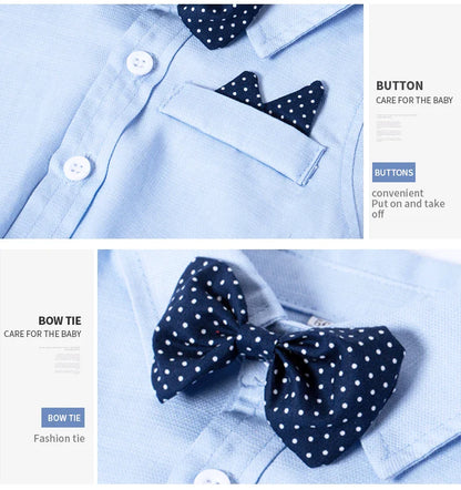 Solid Newborn Baby Boy Outfit Set Bow Formal Gentleman Suit for Toddlers Summer Sky Blue Romper + White Shorts Clothes for Baby