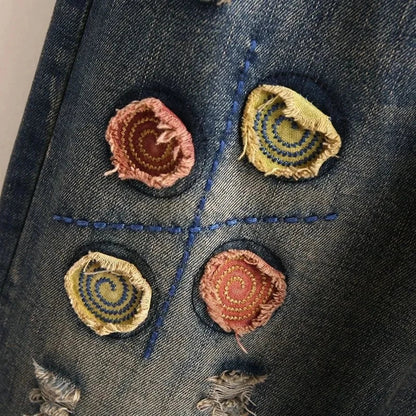 Women Embroidery Retro Denim Jeans