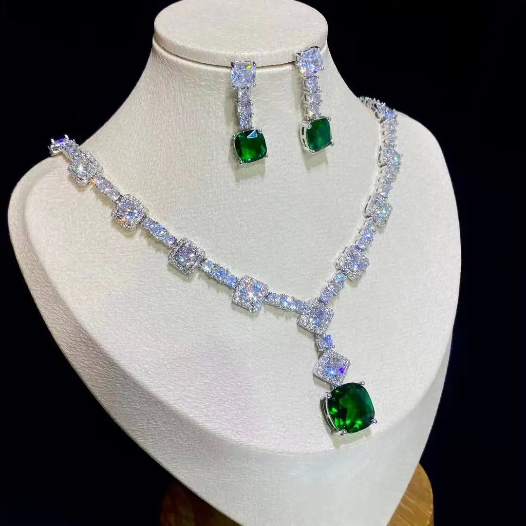 Square Bright Yellow and Green Color Drop Earrings Necklace For Women Jewelry Set  Bridal Wedding Accessories  X0185