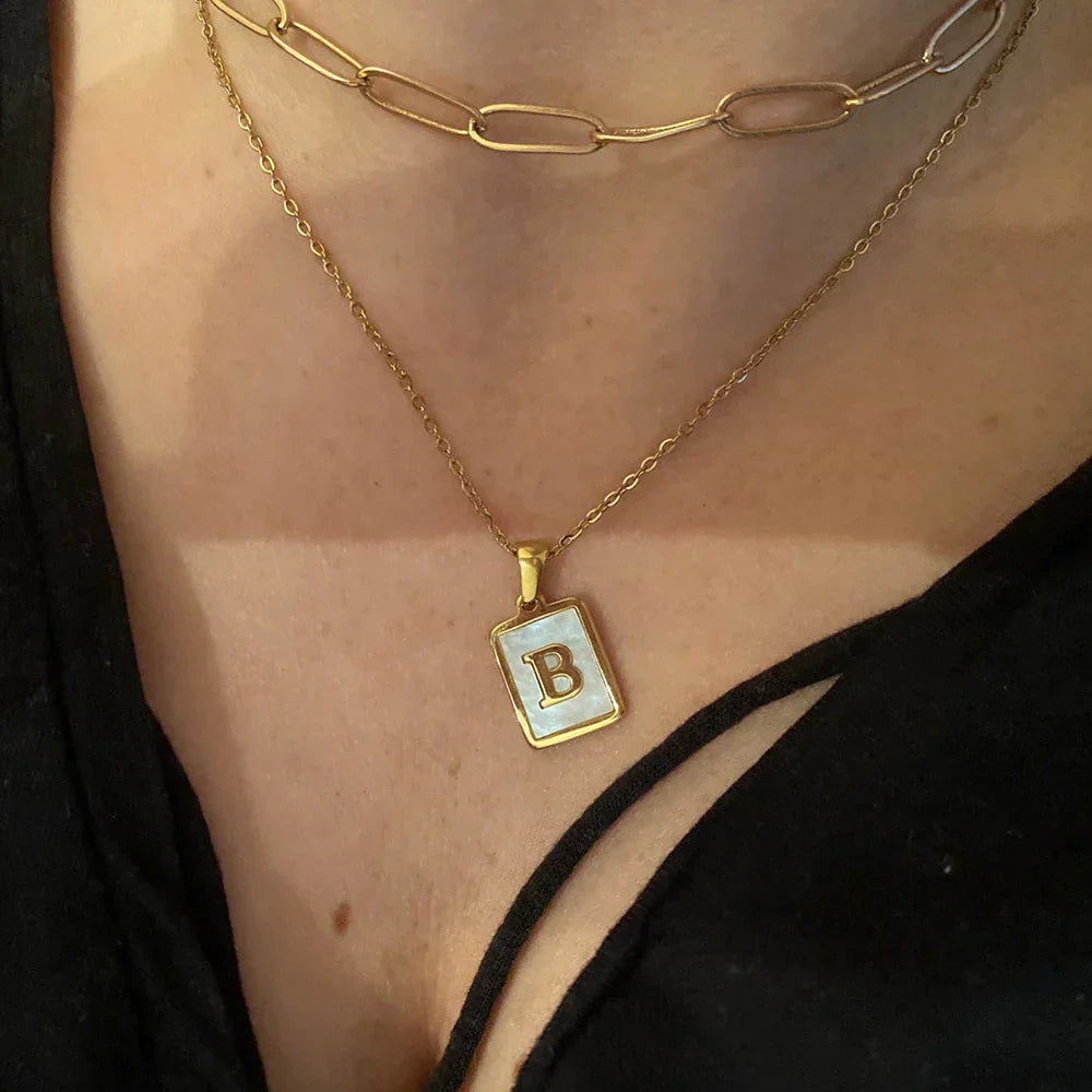 Minimalist Mother of Pearl Shell Stainless Steel Tarnish Free Initial Necklace Gold Plated Letter Necklace for Women