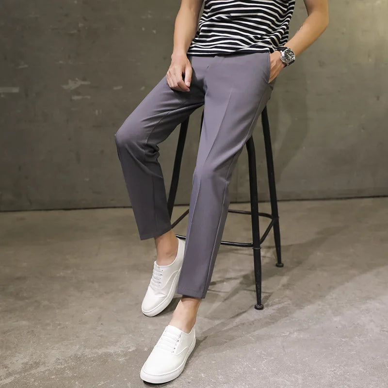 Spring Summer Men's Casual Pants Ankle Length Straight Classic Simplicity Solid Color Comfortable Male Business Pants