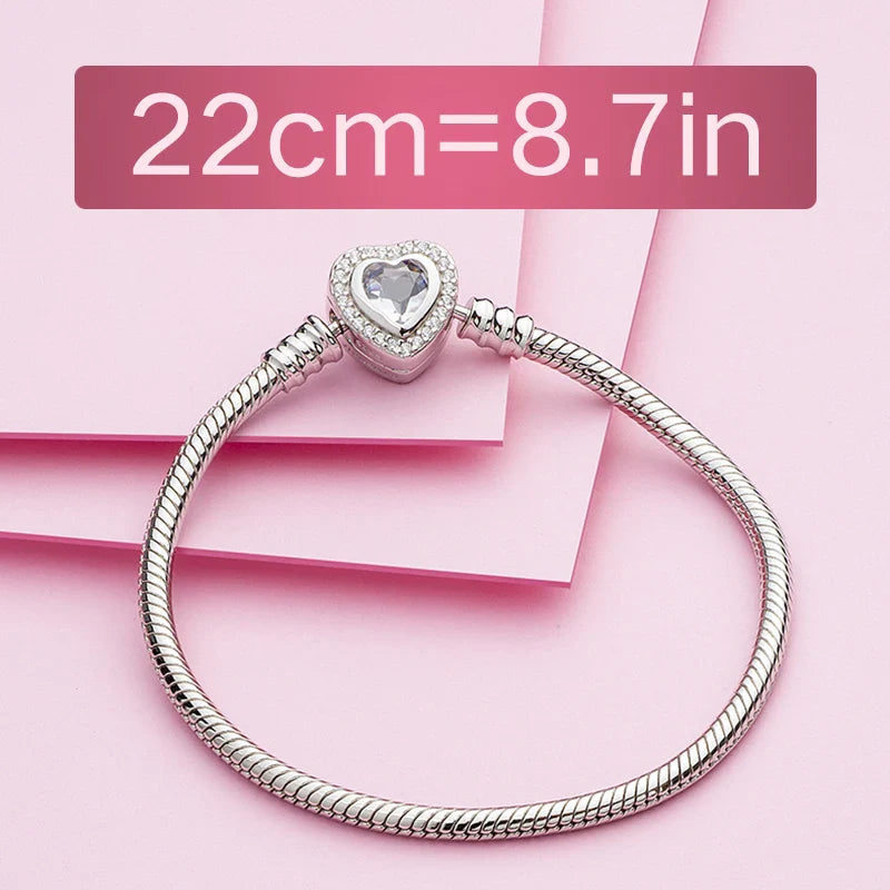 Authentic 100%  925 Sterling Silver Snake Chain Bangle & Bracelet with CZ Love Heart Clasp Charms Bracelets for Women