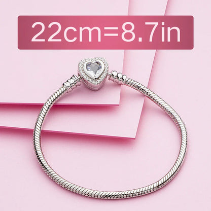 Authentic 100%  925 Sterling Silver Snake Chain Bangle & Bracelet with CZ Love Heart Clasp Charms Bracelets for Women