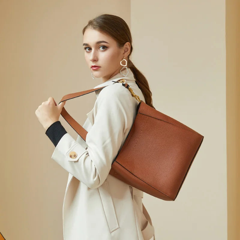 Genuine Leather Casual Shopper Shoulder Bag Commuter Large Bucket Handbag Simple High Quality Women Tote Underarm Bags